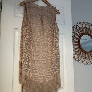 Beige Geometric Fringe Vest